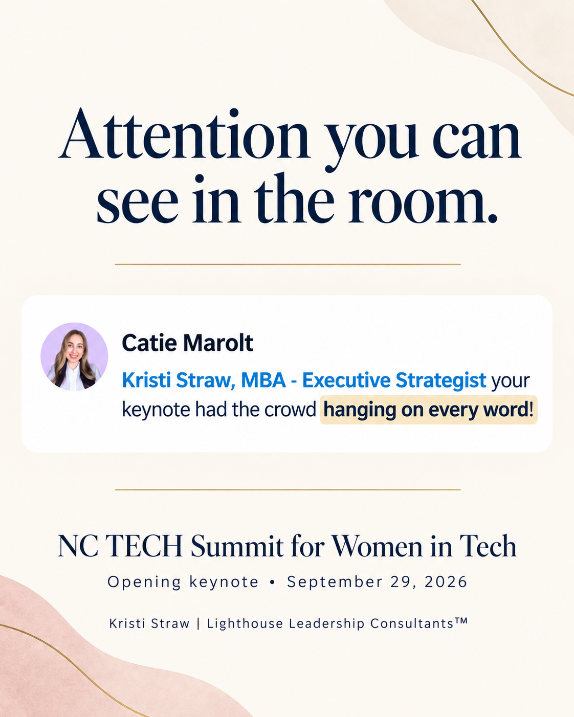 Testimonial card with Catie Marolt’s photo and NC TECH keynote feedback.
