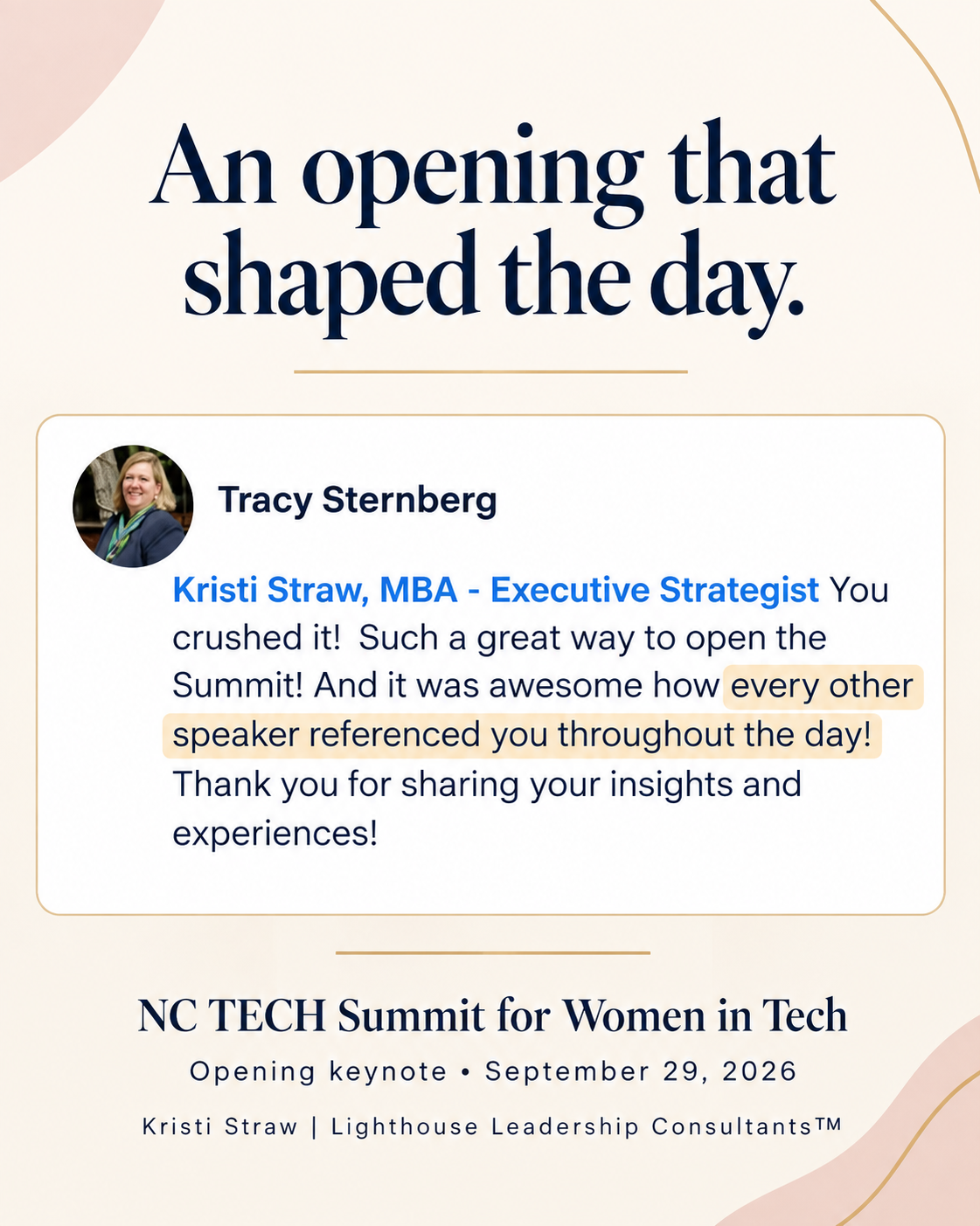 Testimonial card with Tracy Sternberg’s photo and NC TECH keynote feedback.